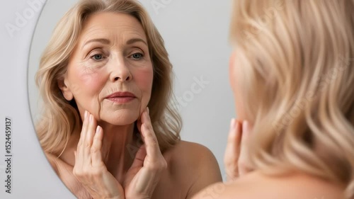 Mature woman with silver hair gently touching her face while looking in a round mirror, reflecting a moment of self-care and beauty, showcasing natural elegance and confidence in a serene environment