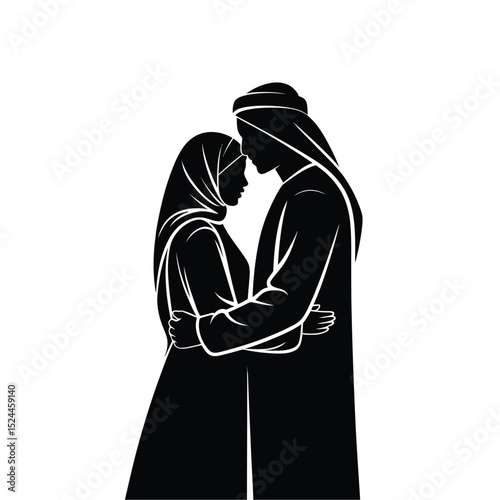 black silhouette of a arabic couple with thick outline side view isolated in white background