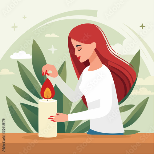 Woman Lighting a Candle with Red Nails