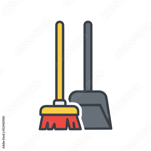 Cleaning tools including broom and dustpan in simple design  