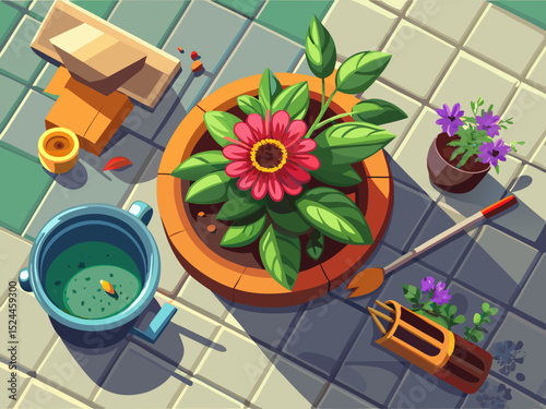 vector of Top view of flower in pot with gardening tools on gray floor.