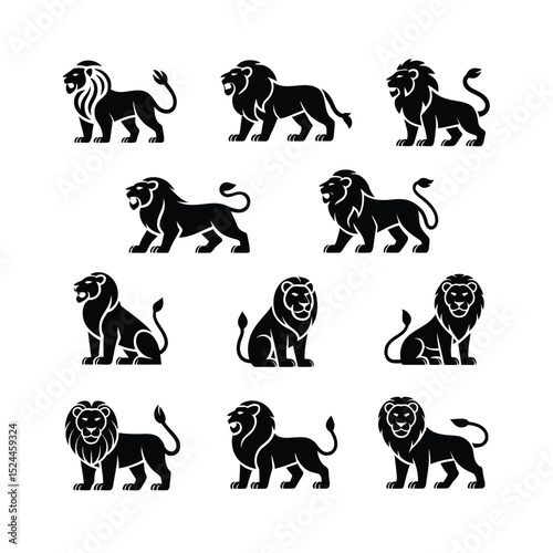 black silhouette of a lion set with thick outline side view isolated in white background