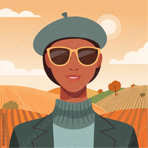 Stylish Woman Wearing a Beret and Sunglasses