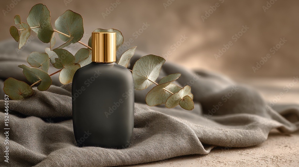 Naklejka premium Matte black perfume bottle with eucalyptus on linen cloth