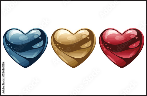 Colorful Hearts Set in Blue Yellow Red - Love Romance Vector Illustration