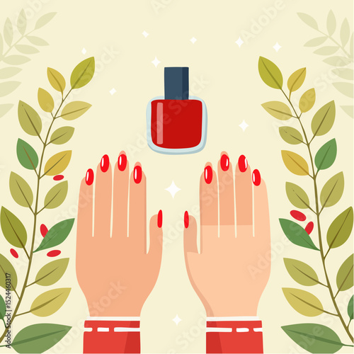 Hands with Red Nail Polish on Beige Background