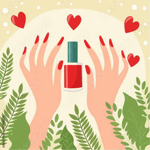 Hands with Red Nail Polish on Beige Background