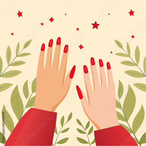 Hands with Red Nail Polish on Beige Background