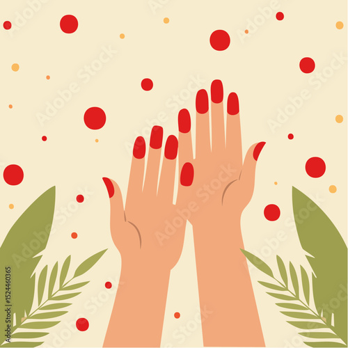 Hands with Red Nail Polish on Beige Background