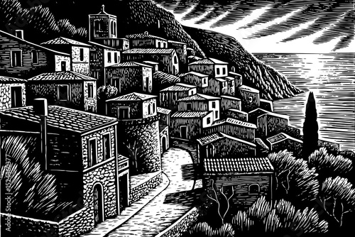 Black and white sketch vector of a sunlit Italian coastal town with hillside houses and narrow streets