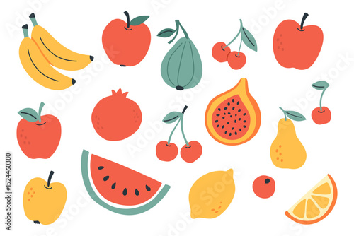 Colorful vector illustration of assorted fruits including banana, apple, fig, cherry, pear, citrus, papaya, and pomegranate. Perfect for healthy lifestyle, food design, and kitchen decor