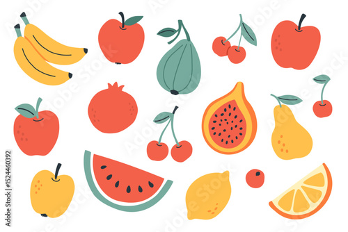 Vector illustration of colorful fruits including banana, apple, fig, cherry, pear, lemon, orange, papaya, and pomegranate. Ideal for healthy eating, summer design, and packaging