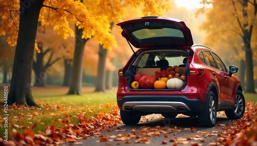 Wallpaper Mural A family's car packed for a Thanksgiving road trip, autumn leaves scattered on the ground beside it Ready for adventure and family time this holiday season , boot, orange leaves Torontodigital.ca