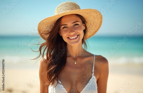 Beautiful woman smiles sunbathing at sea beach. Girl wears straw hat, enjoys summer vacation. Happy face, wind in hair, sunny weather. Tropical travel concept, skincare, tanning.