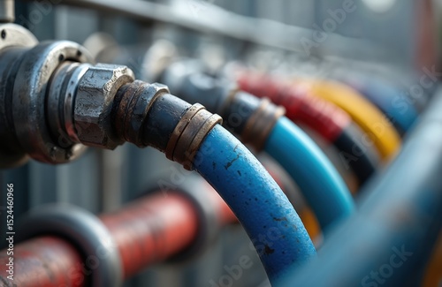 Close-up view water hoses. Different colors, metal fittings, pipes. Industrial background, plumbing system. Hydraulic engineering, construction concept. Detail of pressure regulation equipment. photo
