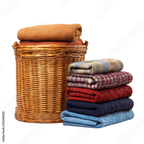 Cozy Home Atmosphere with Neatly Stacked Soft Blankets and a Woven Basket for Organized Living and Stylish Home Decor