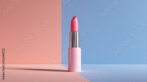 A 4K photo of lipstick product photography background, pink and blue gradient color block, minimalist style, minimalist design sense, front view of the lipstick tube. The.