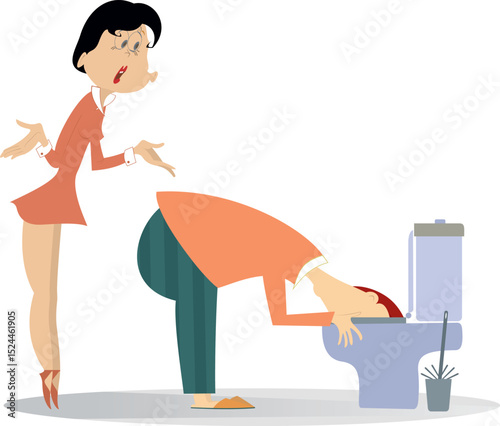 Family problems. Family life. Arguing man and woman.
Angry woman scolds the man, who drunk or sick, vomiting in lavatory pan in toilet. Food or alcohol poisoning
