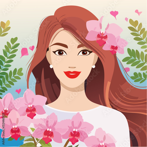 Beautiful Woman with Red Lips and Long Brown Hair Adorned with Pink Orchids Vector Illustration