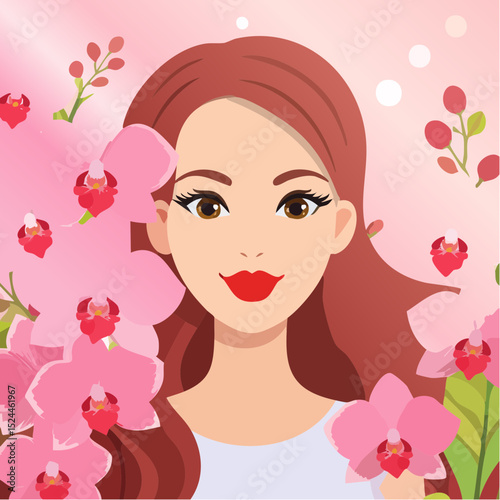 Beautiful Woman with Red Lips and Long Brown Hair Adorned with Pink Orchids Vector Illustration
