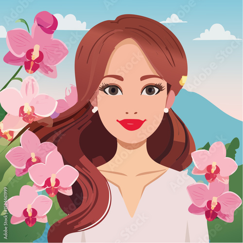 Beautiful Woman with Red Lips and Long Brown Hair Adorned with Pink Orchids Vector Illustration