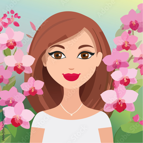 Beautiful Woman with Red Lips and Long Brown Hair Adorned with Pink Orchids Vector Illustration