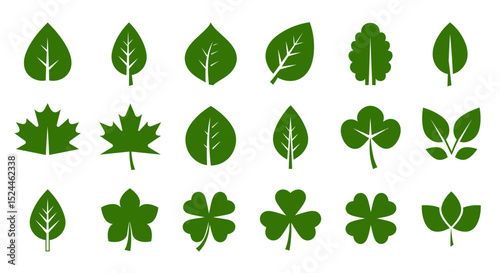 Collection of Green Leaf Icons Nature, Ecology, and Environmental Symbols