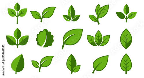 Collection of Green Leaf Icons Nature's Simplicity, Eco-Friendly Designs, and Vector Graphics