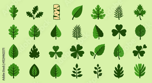 Vibrant Green Leaf Icons A Collection of Diverse Foliage Illustrations for Design Projects