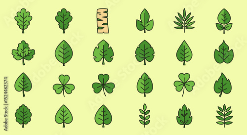 Collection of Diverse Green Leaf Icons Nature, Botany, and Ecology Illustrations