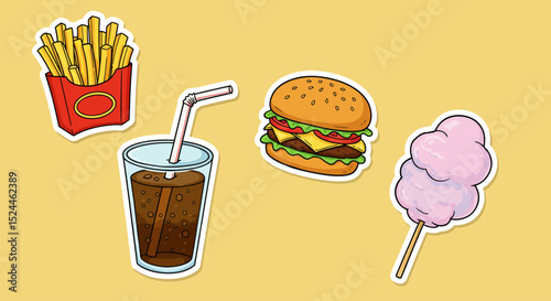 Delicious Fast Food Stickers Burger, Fries, Soda, and Cotton Candy Designs