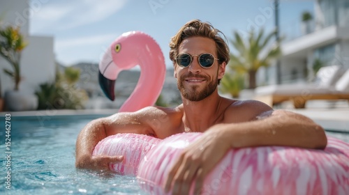 A smiling man sits comfortably in a bright blue pool, embracing summer vibes with a fun flamingo floatie by his side, portraying an ideal scene for relaxation and happiness.