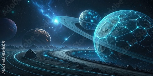 Exploring futuristic alien planet landscape with glowing rings and planets in deep space background