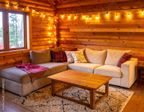 A cozy wooden living room with warm lighting features a comfortable sectional sofa, soft carpet, and ambient décor, creating a peaceful and inviting atmosphere for relaxation.	 photo