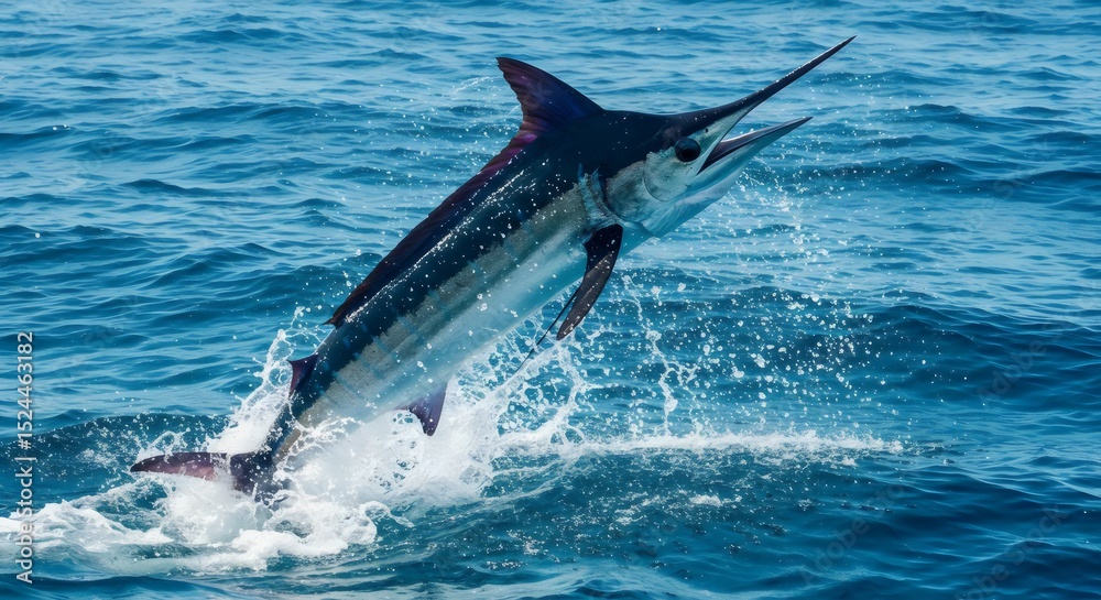 Obraz premium Close-Up of a Marlin’s Leap: Detailing Scales, Motion, and Water Surface Interaction