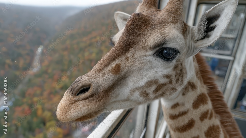 Obraz premium A stunning close-up of a giraffe looking through a window at a picturesque autumn landscape, showcasing the beauty of nature and wildlife in perfect harmony.