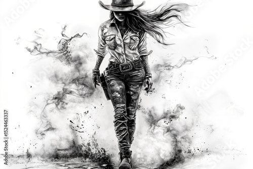 Urban cowgirl, full-length, walking down the street, wearing cowboy boots and hat, dynamic pose, white background, light gray smoke billowing around her, long hair fluttering in the wind, tattoo style