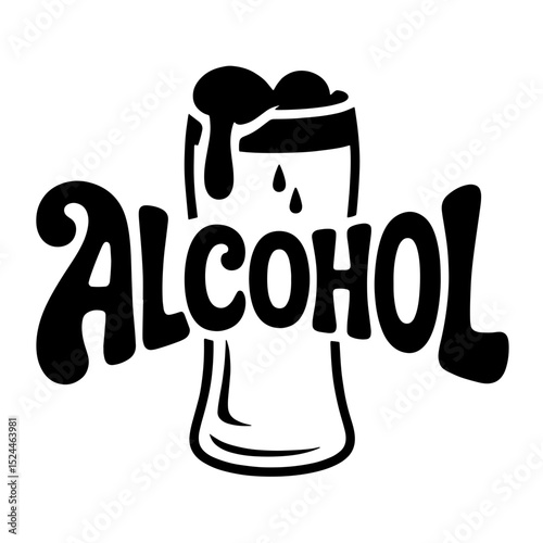 Creative illustration of the word Alcohol with a frosty beer glass in a playful and artistic design