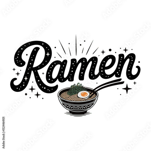 Delicious ramen bowl featuring noodles, egg, and green onions garnished with creative typography