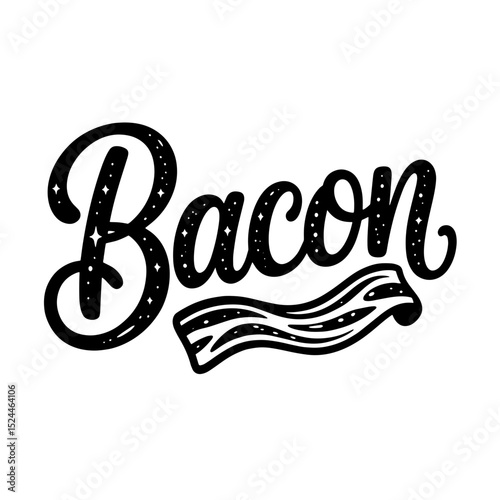 Handwritten typography design featuring the word bacon with decorative elements and a wavy strip