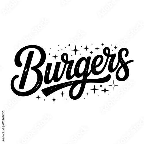 Creative design featuring the word Burgers in bold, stylized font representing fast food, beef and barbecue culture