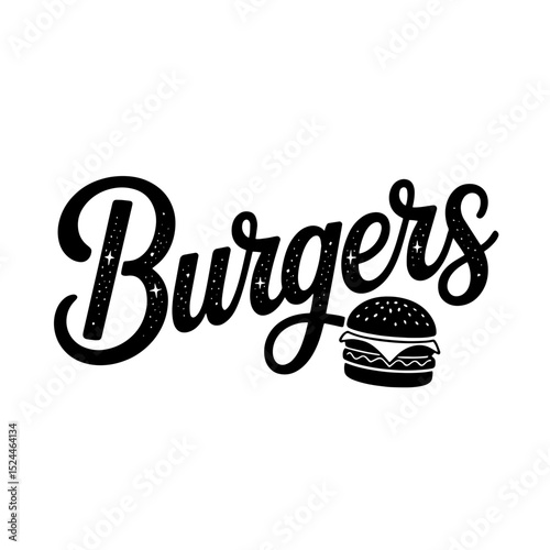 Creative design featuring the word Burgers in bold, stylized font representing fast food, beef and barbecue culture