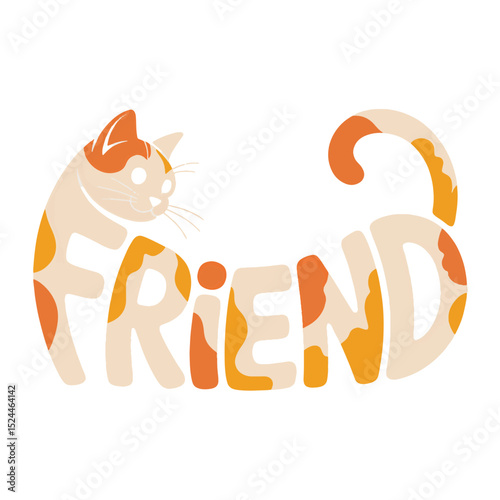 Playful orange and white cat forms the word friend with its body in a fun and creative design