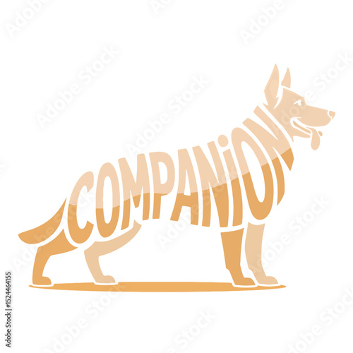 Companion dog silhouette with the word 'Companion' blended creatively during a sunrise setting near a natural landscape