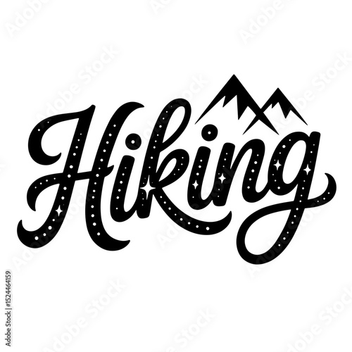Hiking silhouette against a stylized lettering of the word hiking surrounded by stars and decorative elements