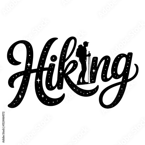 Hiking silhouette against a stylized lettering of the word hiking surrounded by stars and decorative elements