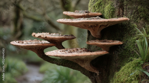Shelf Mushrooms on Mossy Tree.