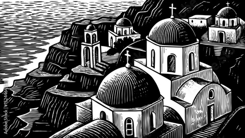 black and white sketch vector of a Greek island cliff village with domed roofs and ocean views