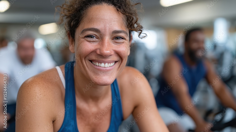 Fototapeta premium A smiling fitness enthusiast actively engaged in a cycling session, surrounded by a vibrant gym atmosphere full of energy, determination, and fellow exercisers sharing motivation.