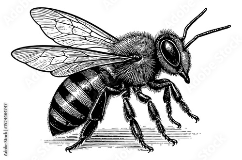 Detailed black and white line art of a bee flying and looking straight forward